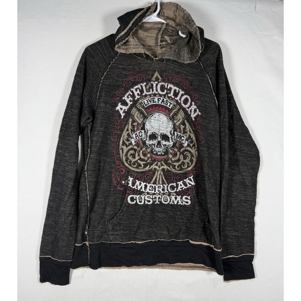 Affliction Reversible Hoodie Mens Small Live Fast American Customs Skull AOP Y2K